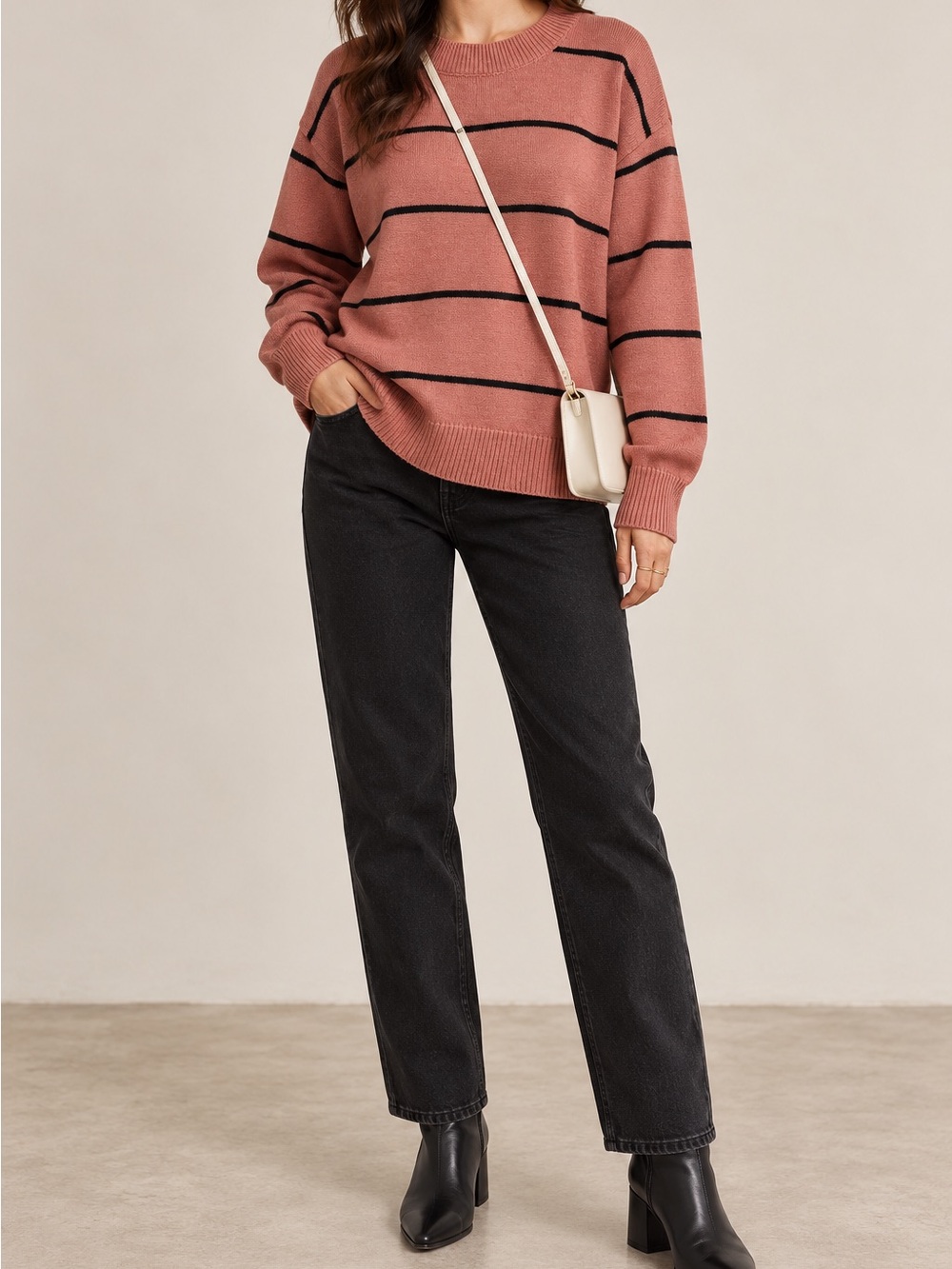 La Miel Women’s Terracotta Black Striped Oversized Sweater Size M
